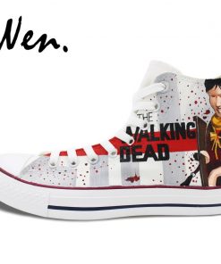 Wen Customized Grey Background The Walking Dead Hand Painted Skate Shoes Design Unisex Canvas Sneakers High 1